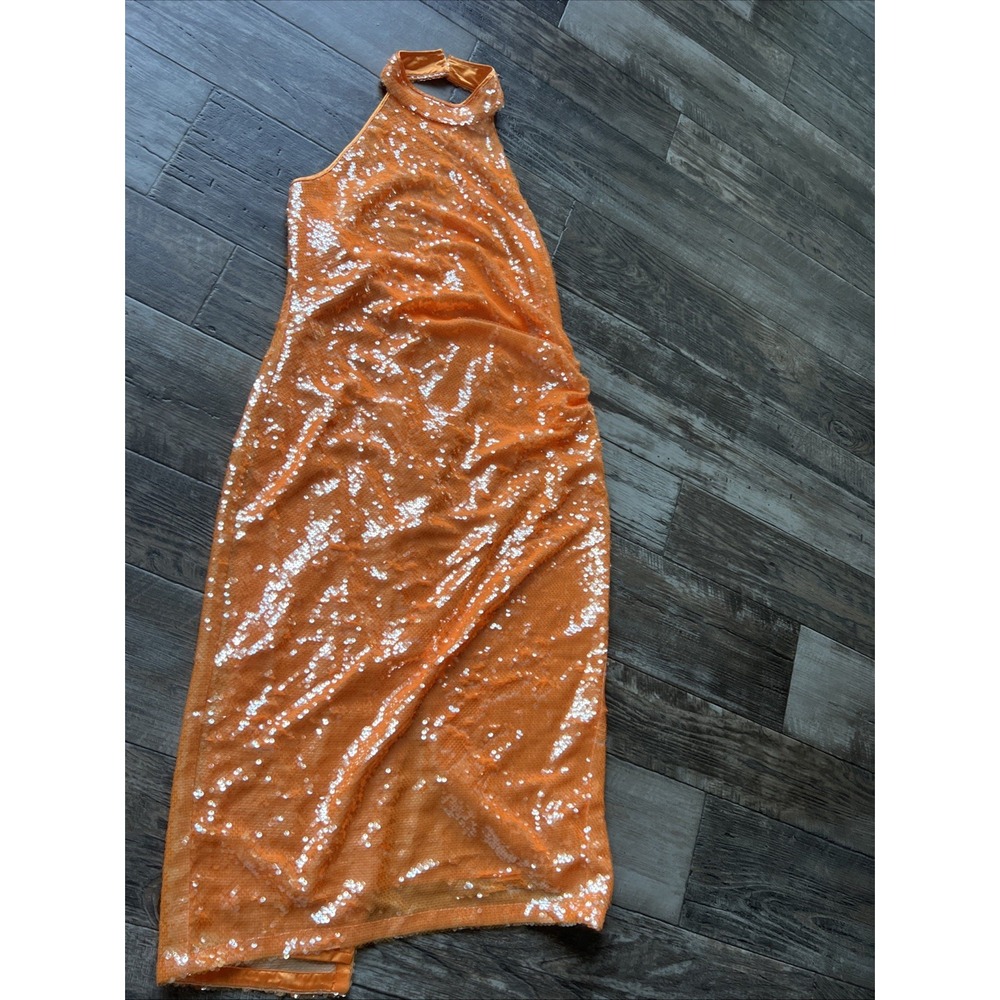 Caroline Constas Orange Sequin Midi Dress